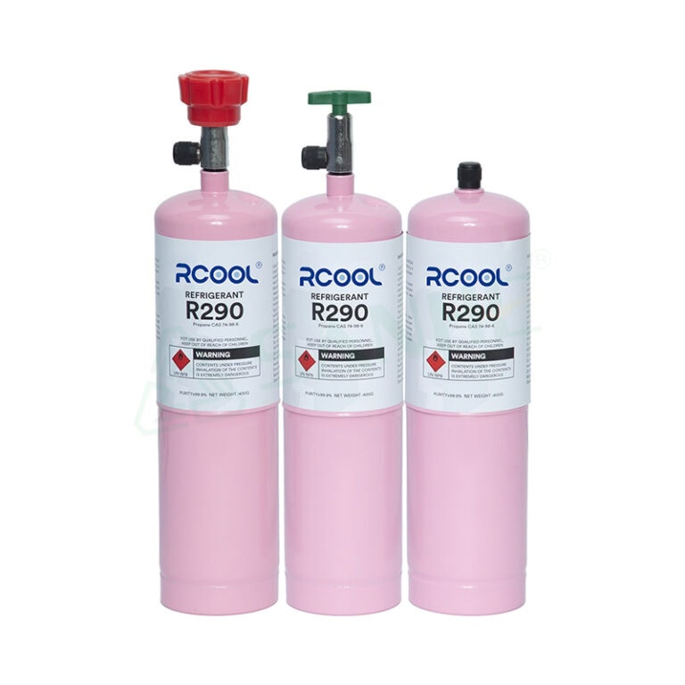 Three pink R290 refrigerant gas cylinders with valves and labels for HVAC systems.